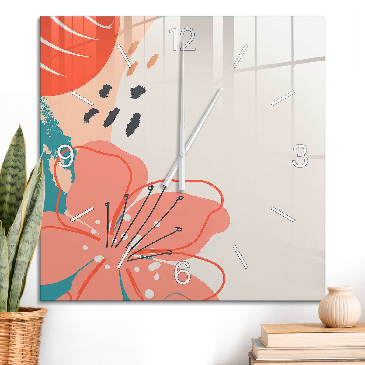 ArtPrintCave Oranje Glazen Klok - 60x60 cm - Wandklok Vierkant - Tropische Energie Unieke Klok - Abstractie Stille Wandklok - Witte Klokwijzers