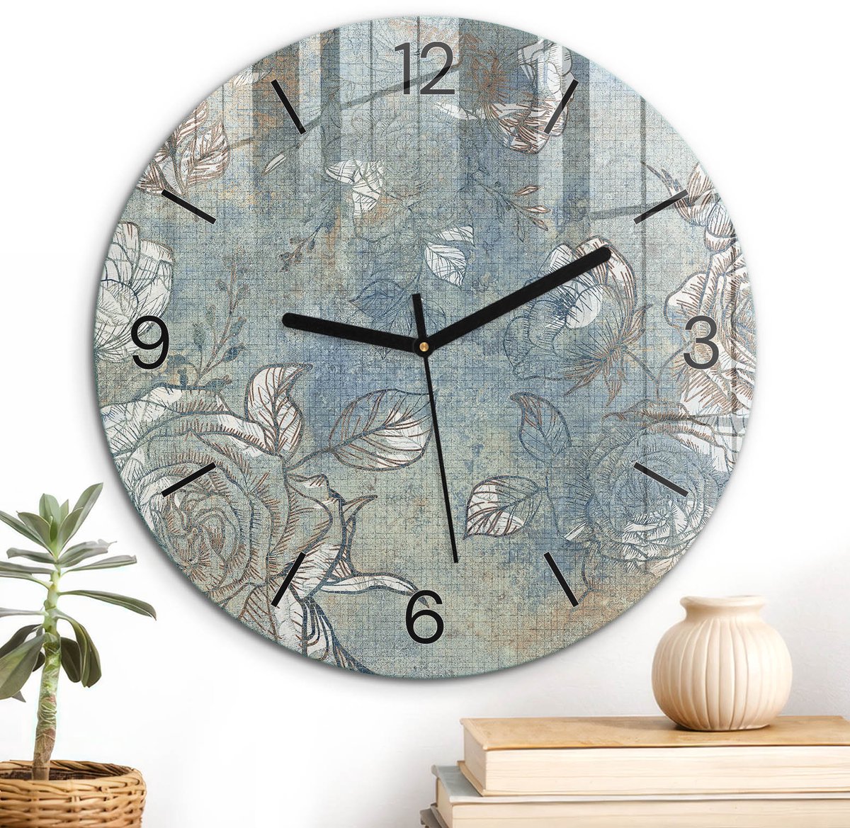 ArtPrintCave Beige Glazen Klok - Wandklok 30 cm - Muurklok Rond - Rozenornamenten Unieke Klok - Texturen Stille Wandklok - Zwarte Klokwijzers