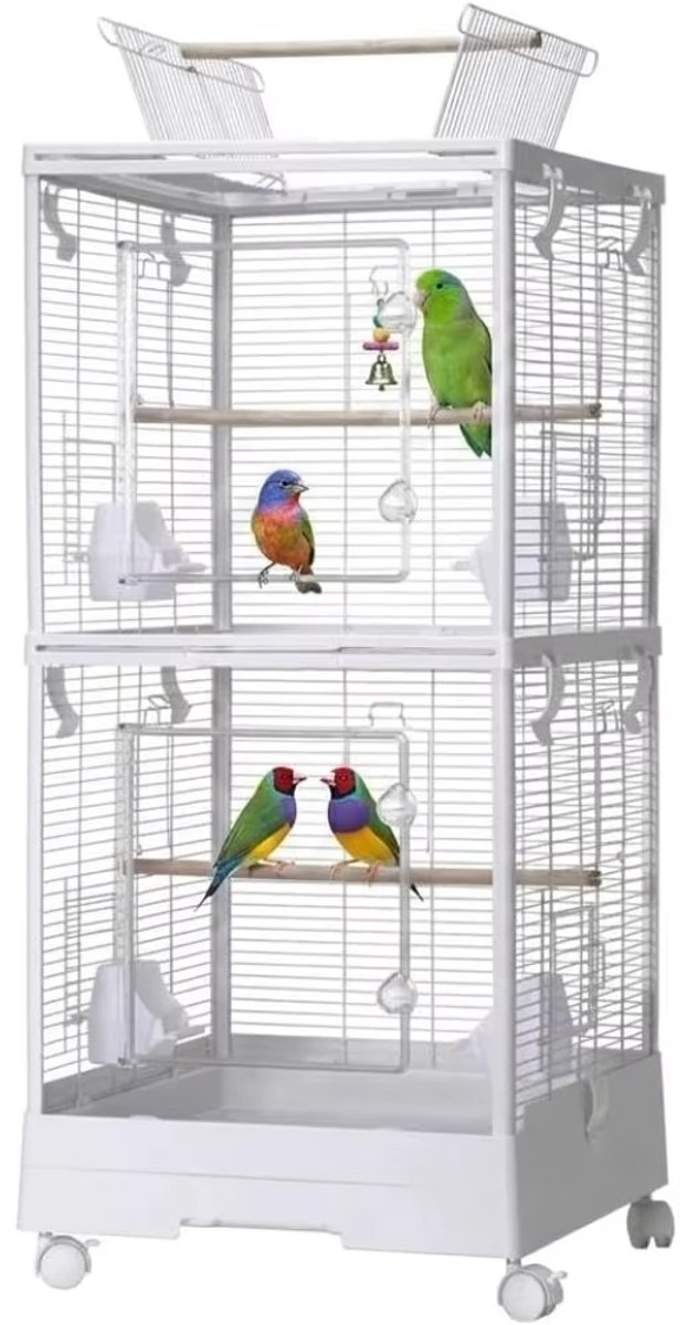 CreateEcom Vogelkooi - vogelhuisje - voliere - Grote Metalen Vogelkooi met Dubbele Compartimenten - Afsluitbare Zwenkwielen - Afneembare Bakken en Openbaar Deksel - Uitgerust met Zitstokken & Voerbakken - Gemakkelijk Schoon te Maken