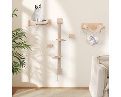 COSTWAY 5 stuks klimwand katten, krabpaal met platforms, jute krabstangen, kattenbed, 2 hangmatten, bal & treden, kattenboom, muur, kattentrap, klimboom, hout, kattenmeubel, natuur