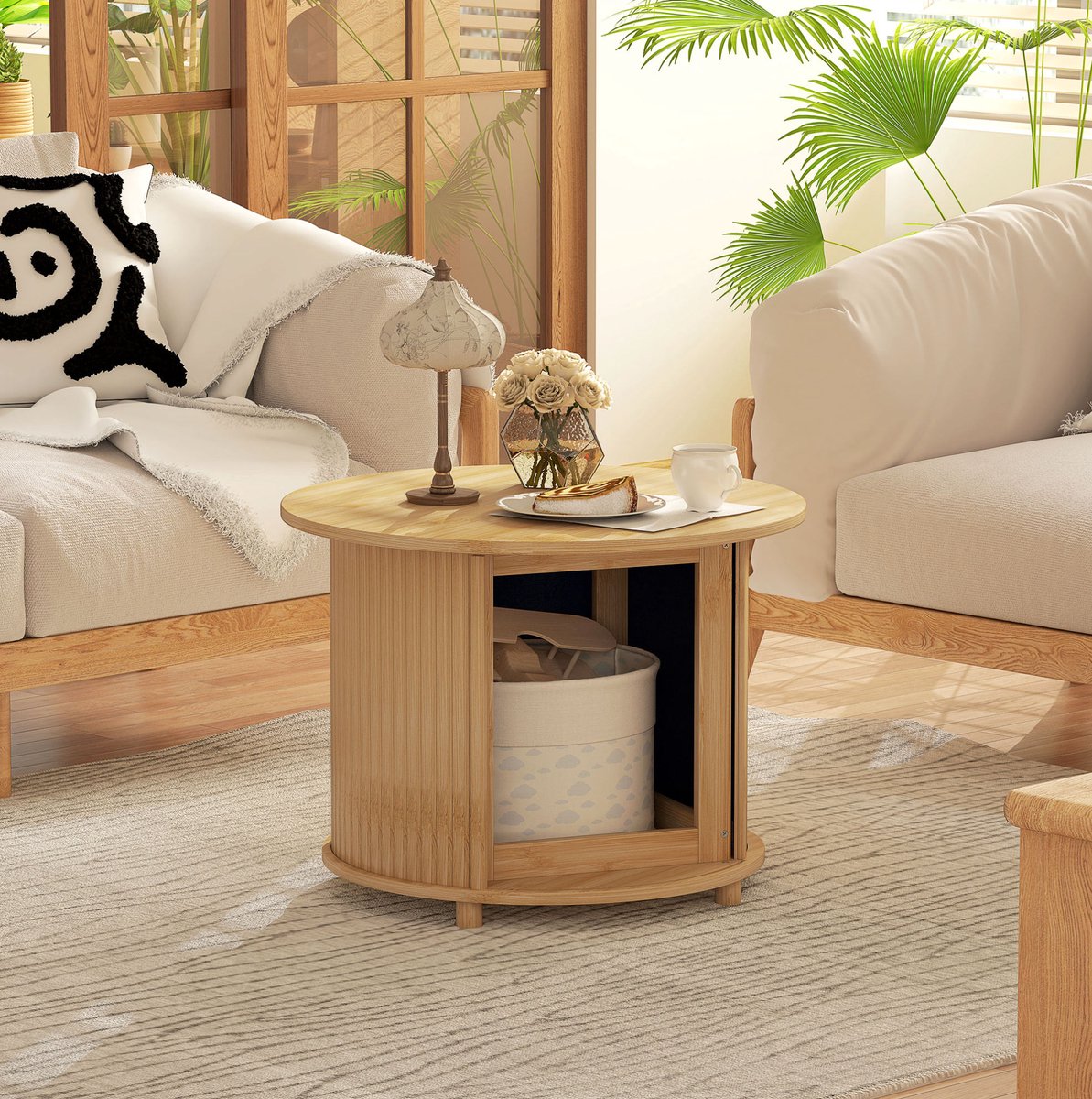FloraGrace Salontafel - Ronde Bamboe Tafel met Verborgen Opbergruimte en Schuifdeur - Voor Moderne Woonkamer - Natuurlijk Hout - 60 x 60 x 45 cm Naturel hout