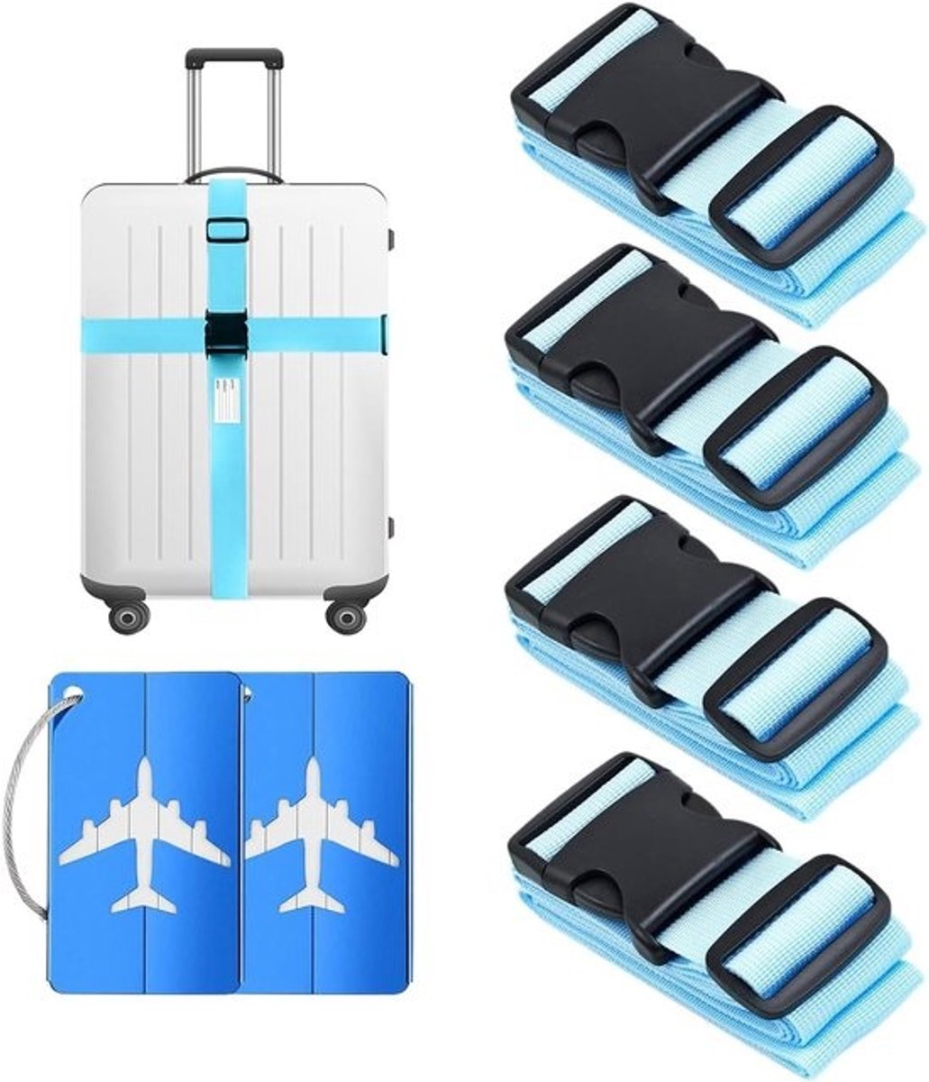 Luggage Strap Set - 4 stuks - Met 2 kofferlabels - Sterke kofferband - Voor reizen - Lichtblauw