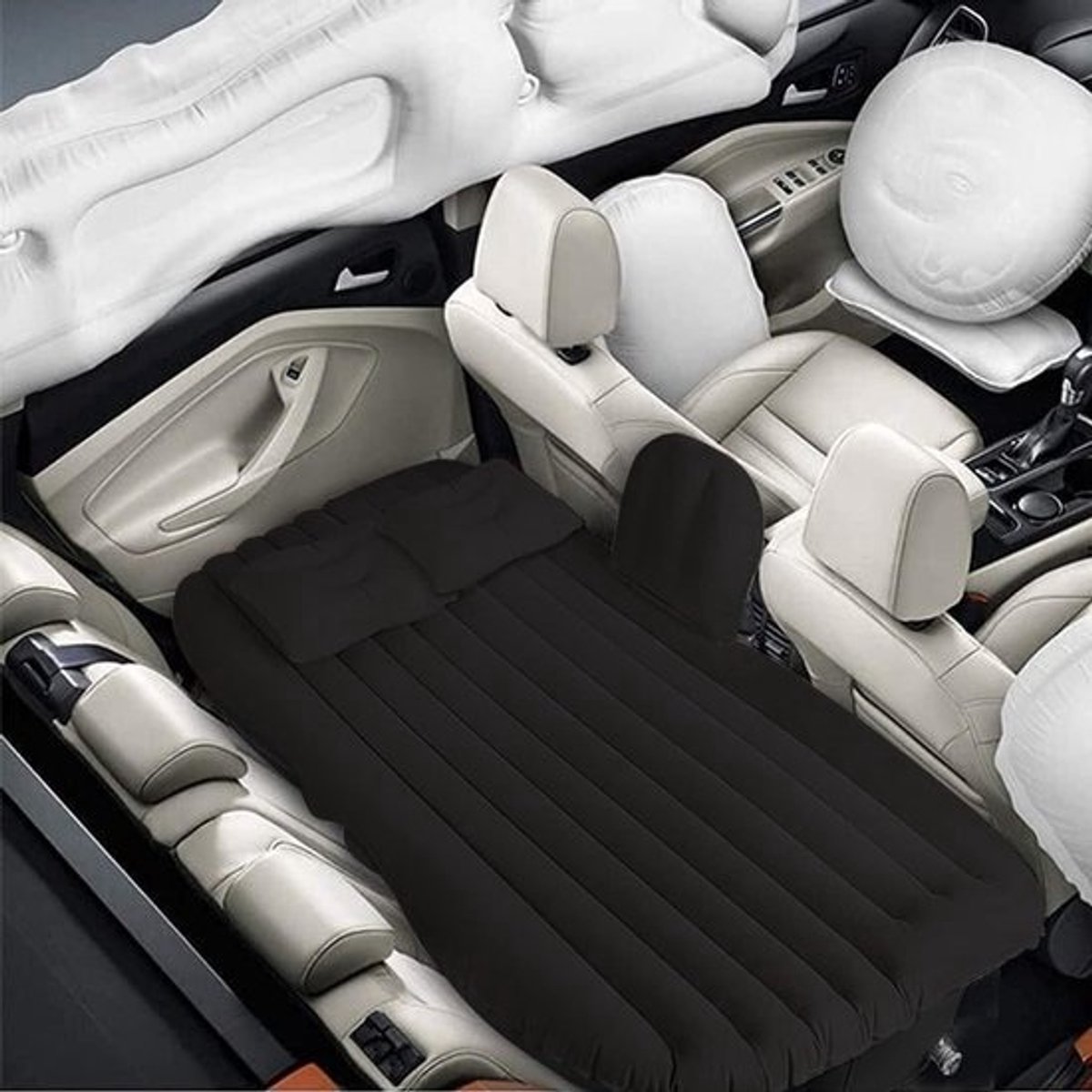 Luchtbed voor in de auto - Zwart - Opblaasbaar autobed - Bed voor de achterbank - 12V elektrische luchtpomp - 3 Adapters - Comfortabel camping slaapmatras - Matras voor onderweg - Luchtmatras - Snel oppompen en leeglopen