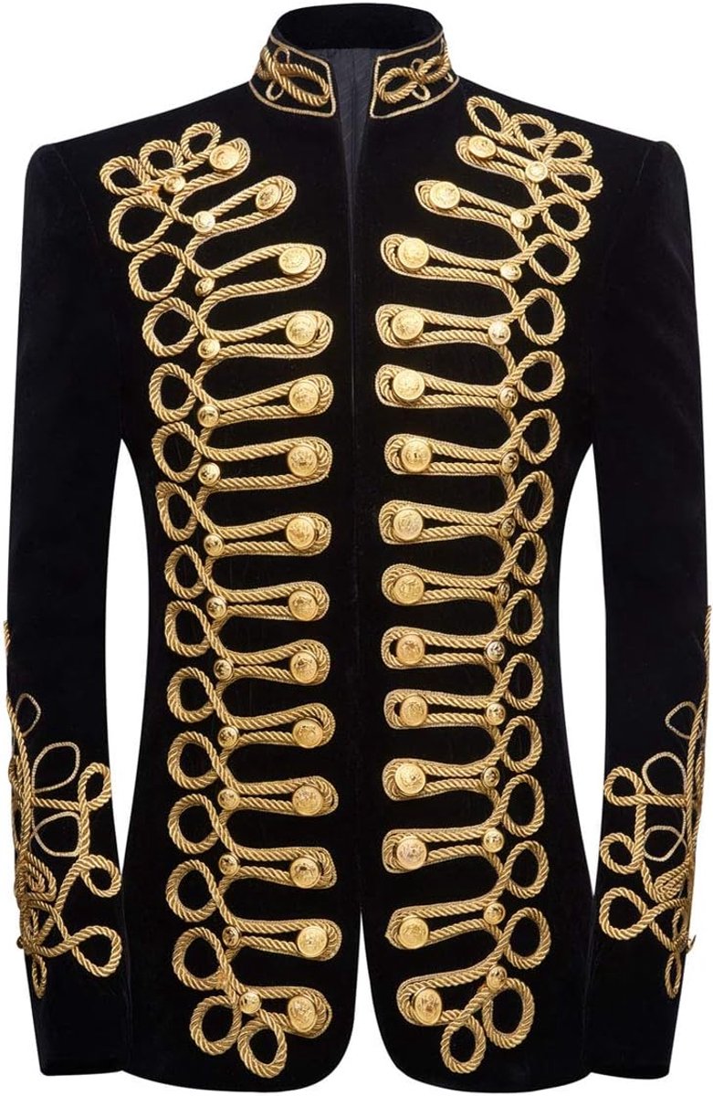 Zwarte fluwelen blazer, gouden borduursel, Court Prince stijl kostuumjasje