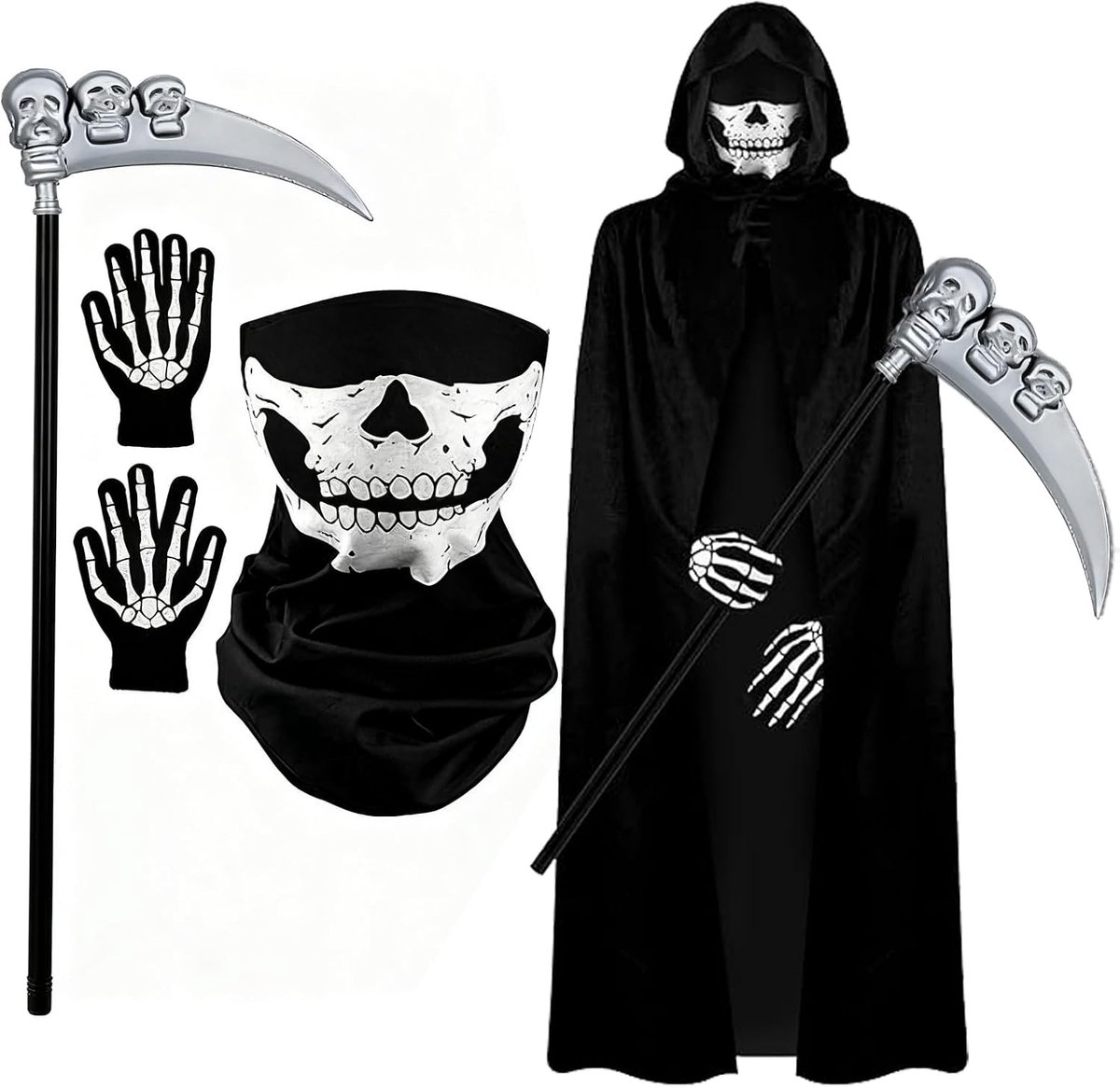 Kostuums, Magere Hein Kostuum Kinderen Volwassenen Zwarte Hooded Mantel Cape met Magere Hein Scythe, Skelet Handschoenen en Masker, Enge Halloween Ghostface Kostuums voor Mannen