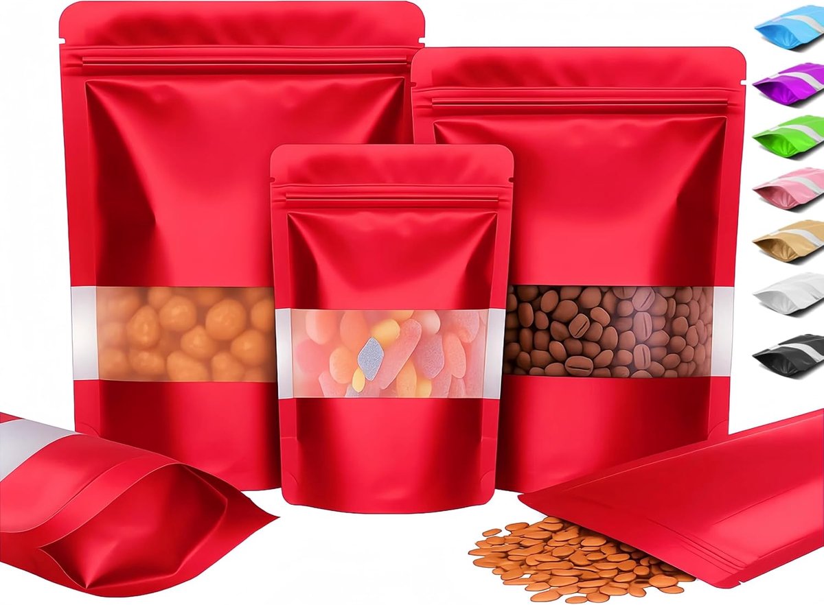 100 Stuks Staande Hersluitbare Zakjes met Venster, Aluminium Mylar Doypack, Gekleurde Herbruikbare Stazakken, Plastic Ziplock Zakjes Voor Voedselverpakking en Opslag (Rood, 16 x 24 cm)