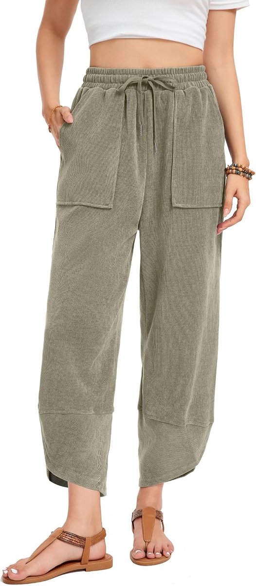 Palazzo Stoffen broek voor dames, losse elastische tailleband, wijde pijpen, harembroek met zakken, yoga, casual, lounge, lente en herfst