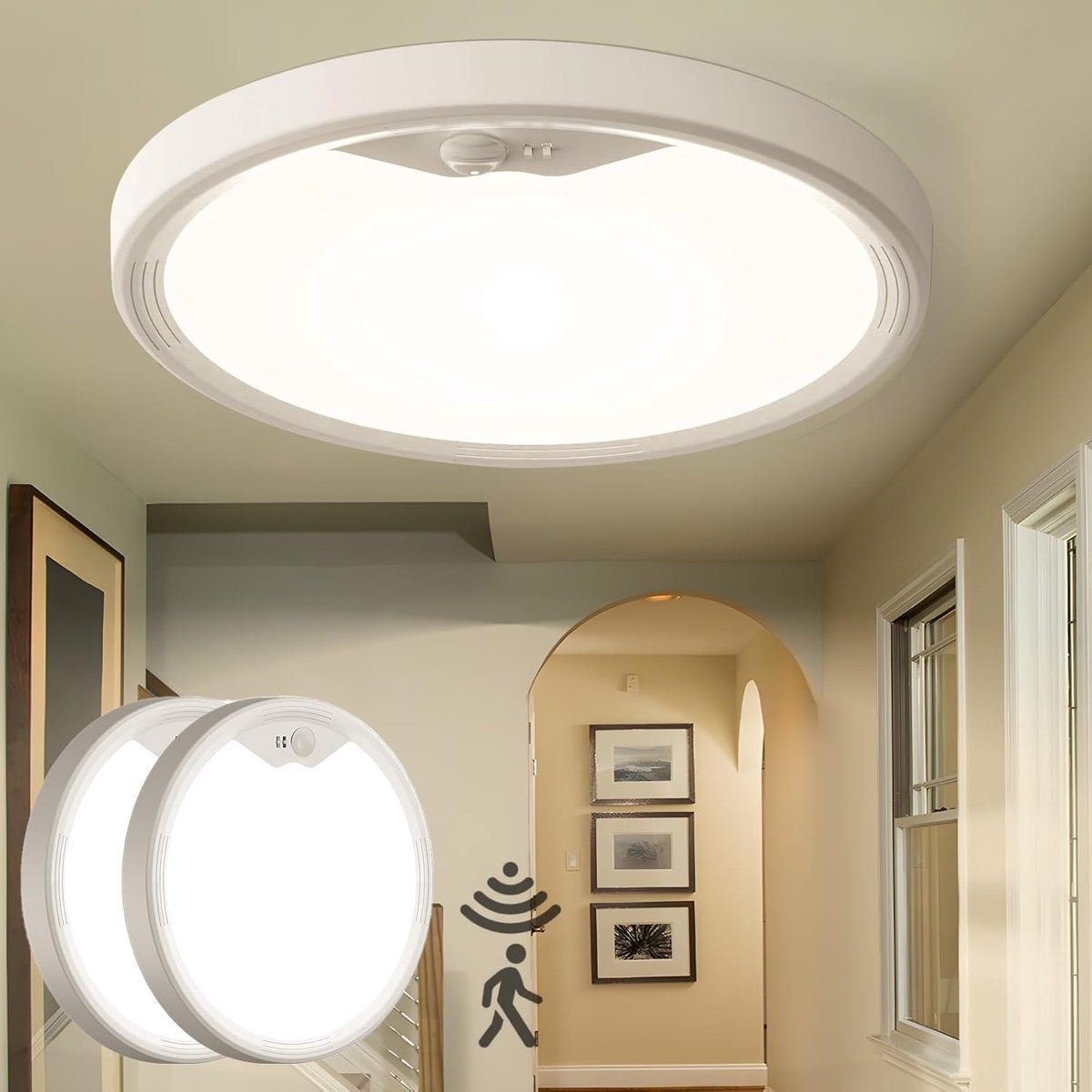 Led-plafondlamp met bewegingsmelder, 18 W, bewegingsmelder, binnen, 2700 K/4000 K/6500 K, plafondverlichting voor gangen, trappen, veranda, garage, balkon, 22 cm (2 stuks)