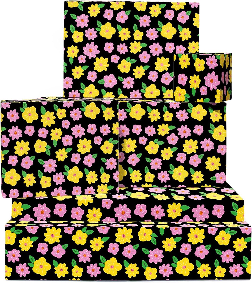 Cadeaupapier met bloemen, gele en roze bloemen, 6 vellen zwart cadeaupapier voor haar, schattig cadeaupapier voor verjaardag, jubileum, vrijgezellenfeest, recyclebaar, van Central 23