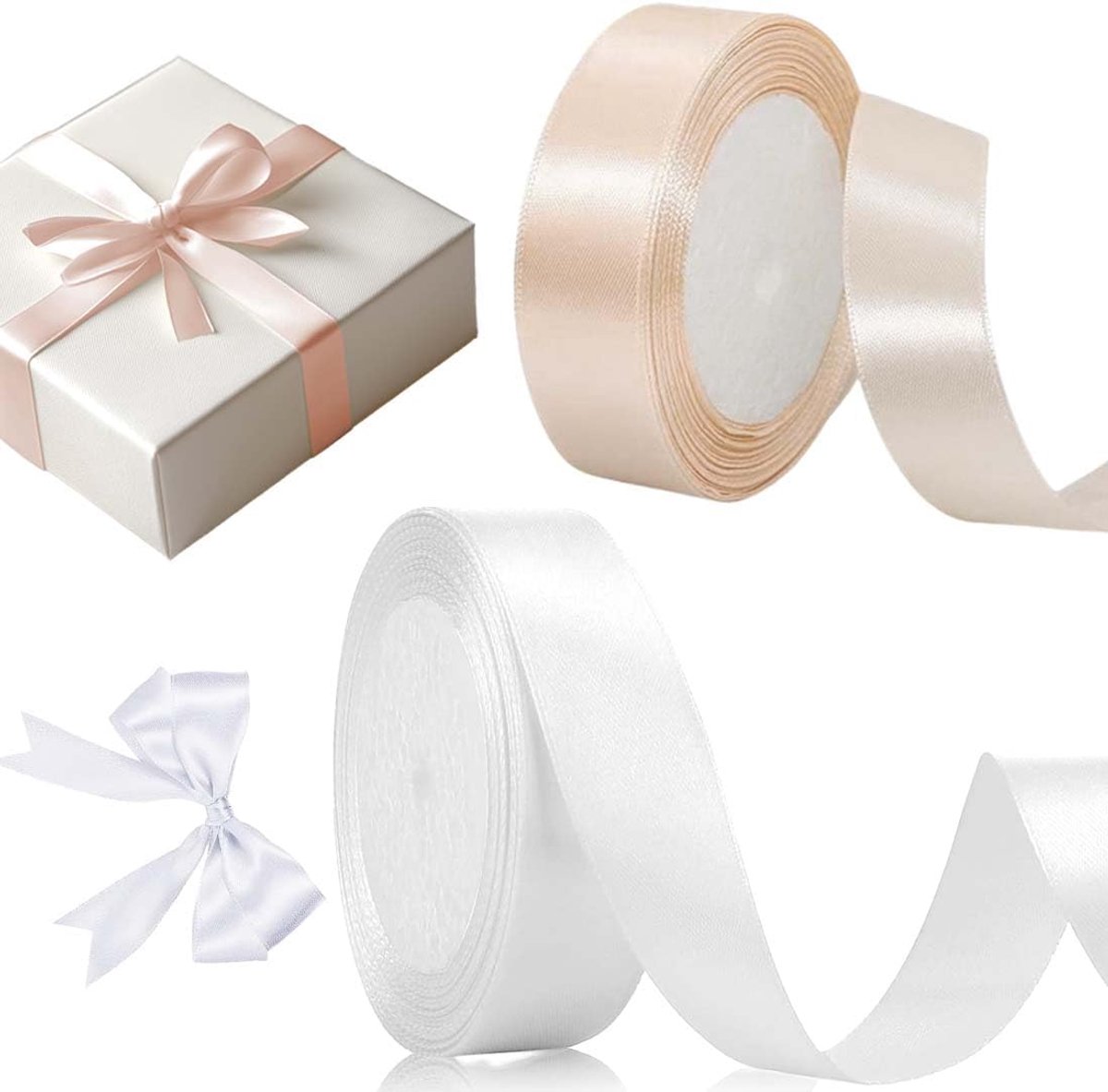 Lint, 22 m, 20 mm breed, voor geschenken, om te knutselen, verjaardag, bruiloft (wit en champagneroze)