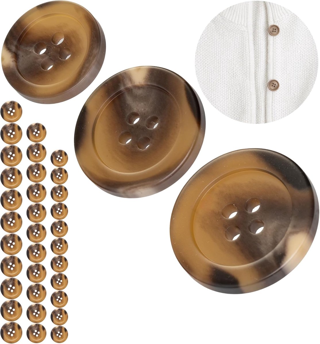 Knopenset voor kleding, 36 stuks, 4 gaten, drie maten, bruin, polyester, maat 28L, 36L, 40L, harsknopen voor jas, mantel, anorak, wintermantel, winterjas, doe-het-zelf knopen, wasknopen, knutselknopen