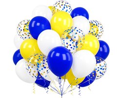 Ballonnen, Ousuga 60 stuks 12 inch/30,5 cm matte gele koninklijke blauwe witte confetti latex ballonnen set voor jongens, mannen, verjaardag, afstuderen, jubileum, babyborrel, bruiloft