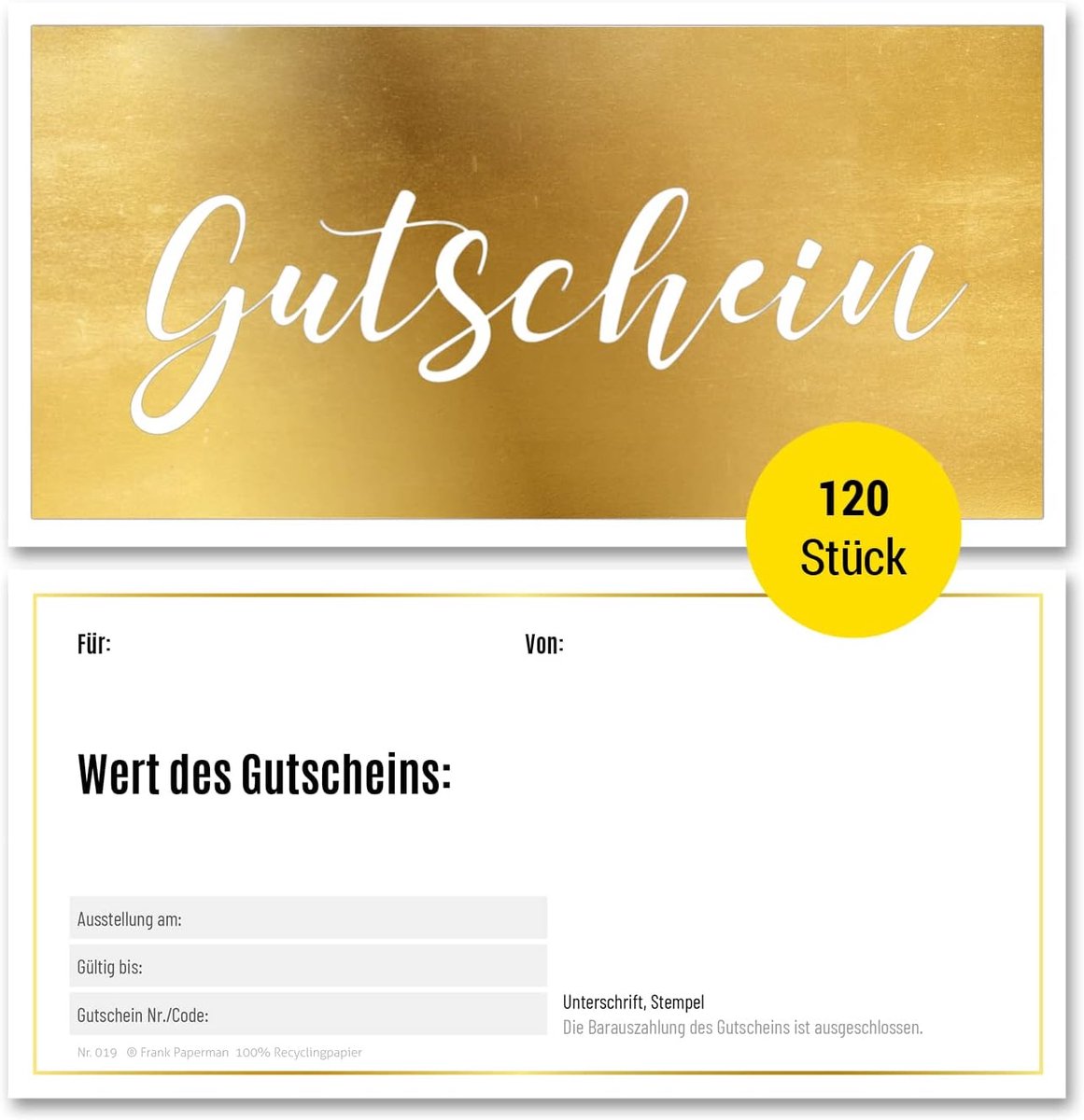 Paperman Tegoedbon voor klanten, goud, 120 stuks, cadeaubonnen om zelf in te vullen als cadeaukaart, DIN lang