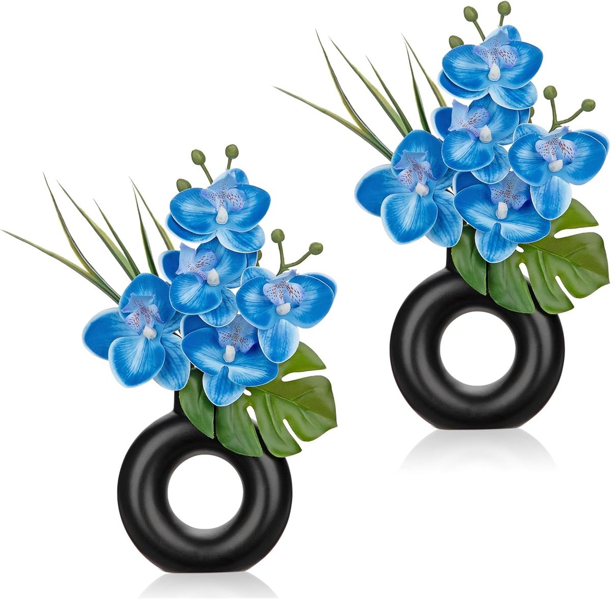 Set van 2 mini-kunstplanten, orchideeën, kunstbloemen met keramische donutvaas, kunstbloemen als echt, met echte bloemen in keramische pot, tafeldecoratie, vensterbank, decoratie, blauw