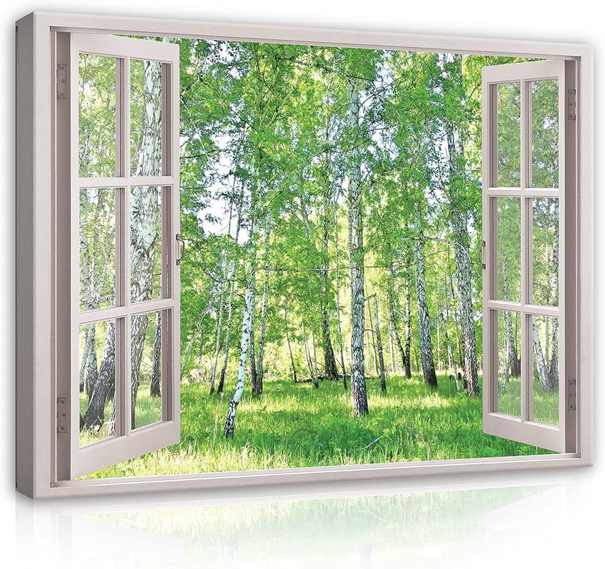 Uitzicht uit raam, bos, groen, berkenbos, natuur, landschap, modern, canvas, venster, keuken, slaapkamer, woonkamer, muurschildering, muurschilderingen, muur, afbeelding op canvas,