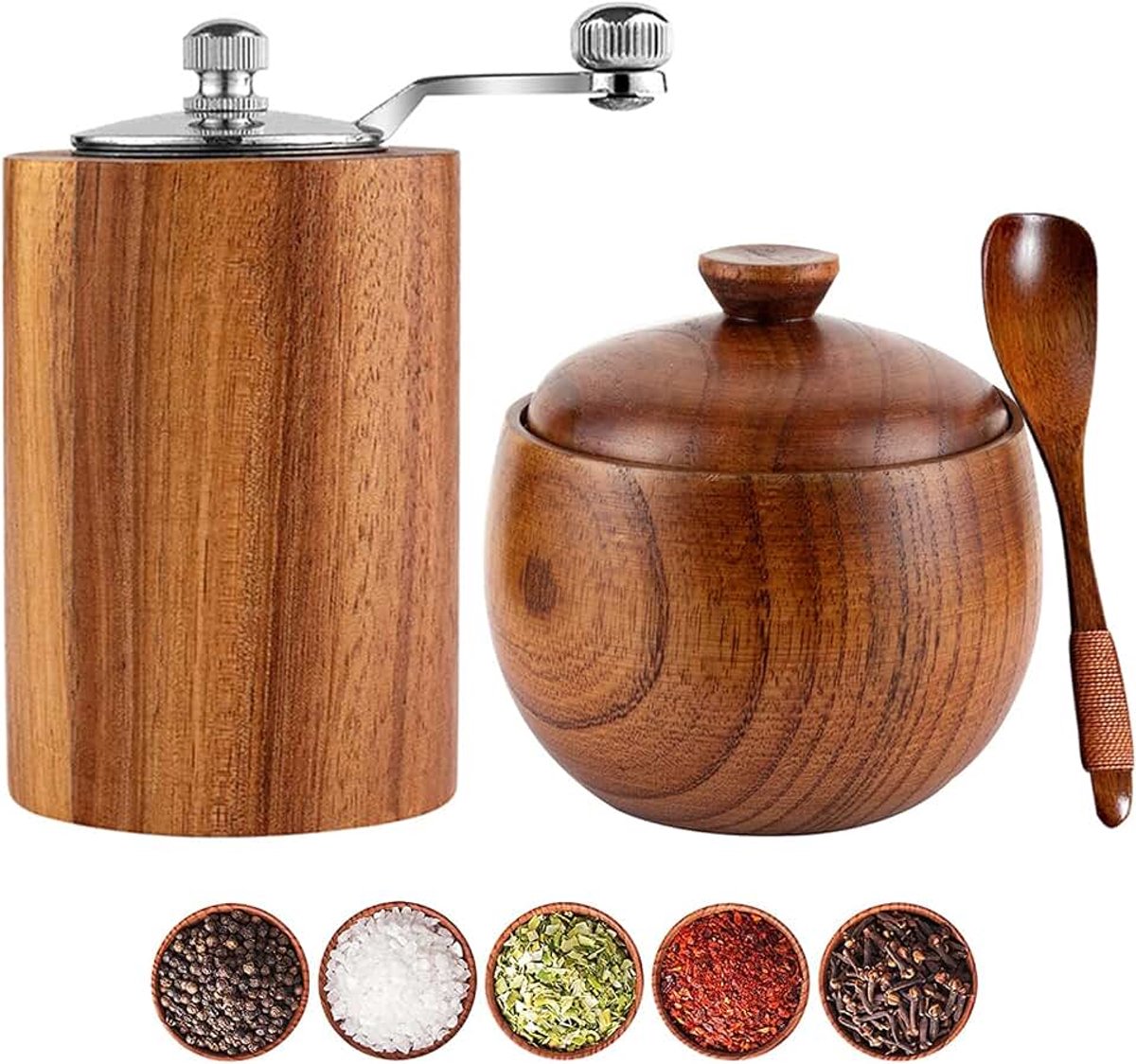 Pepermolen, navulbare zout- en pepermolen met verstelbare grofheid, houten handmatige pepermolen met handvat, kruidenmolen metaal met handcrank, stuur kruidentank, (A Grinder Set)