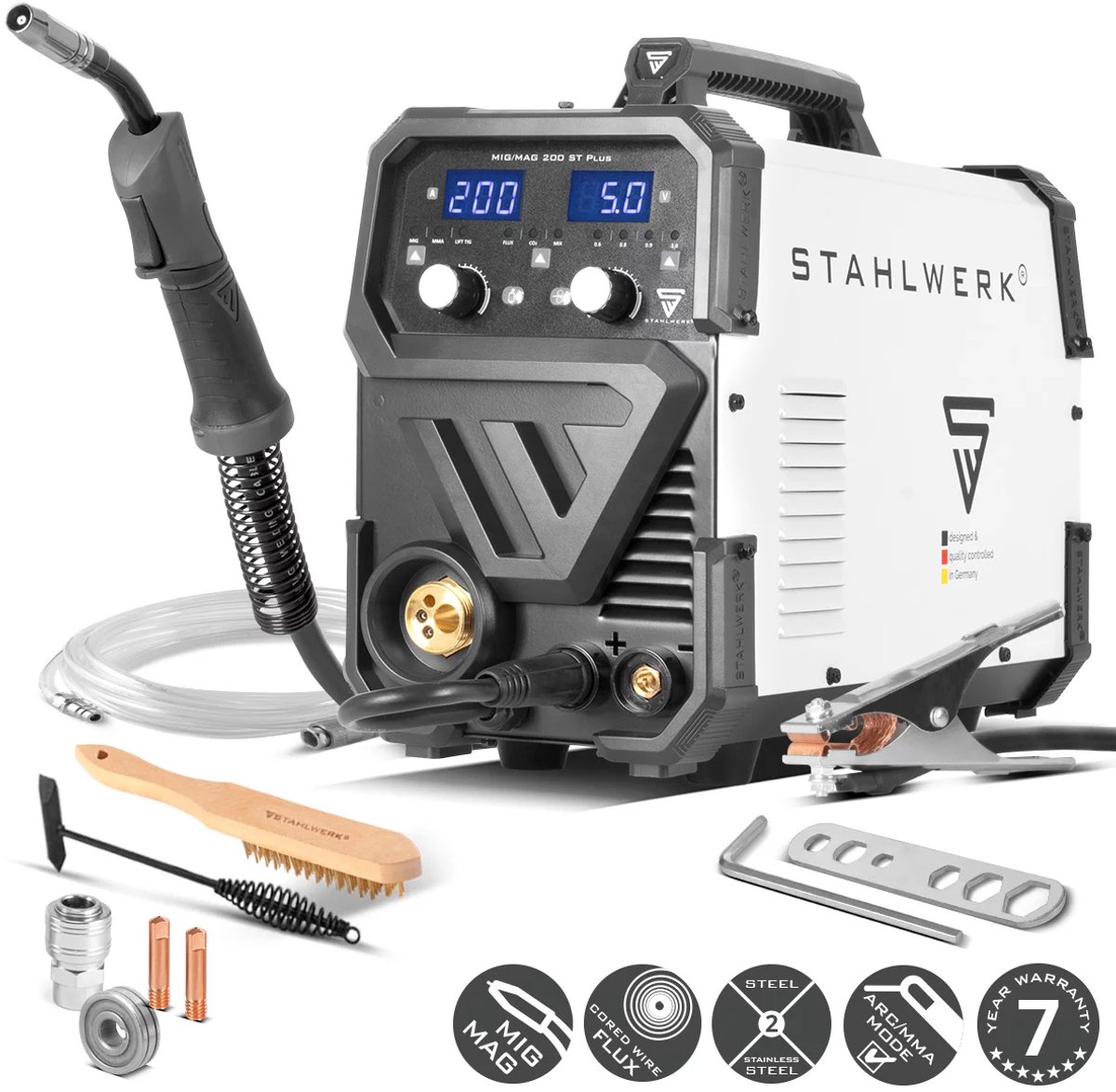 STAHLWERK lasmachine MIG MAG 200 ST Plus | inert gas lasmachine | IGBT inverter met 200 A, synergische draadaanvoer, FLUX, Lift-TIG en MMA | ARC functie