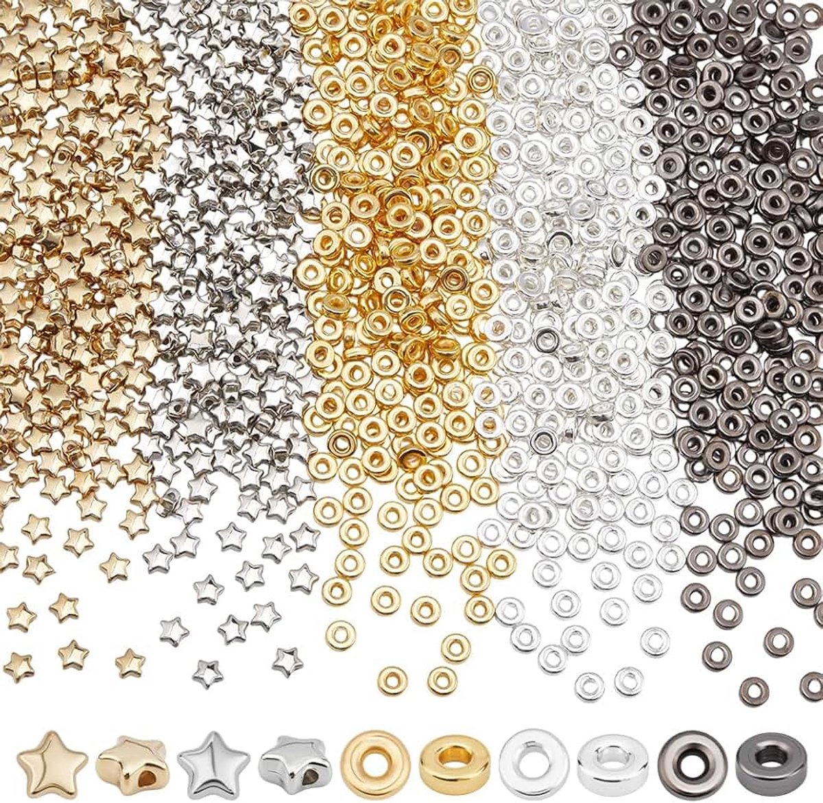 1700 stuks gesorteerde kralenset, 6 mm, platte ronde afstandskralen van kunststof, gouden zilveren ster, rondel, losse afstandskralen voor het maken van sieraden