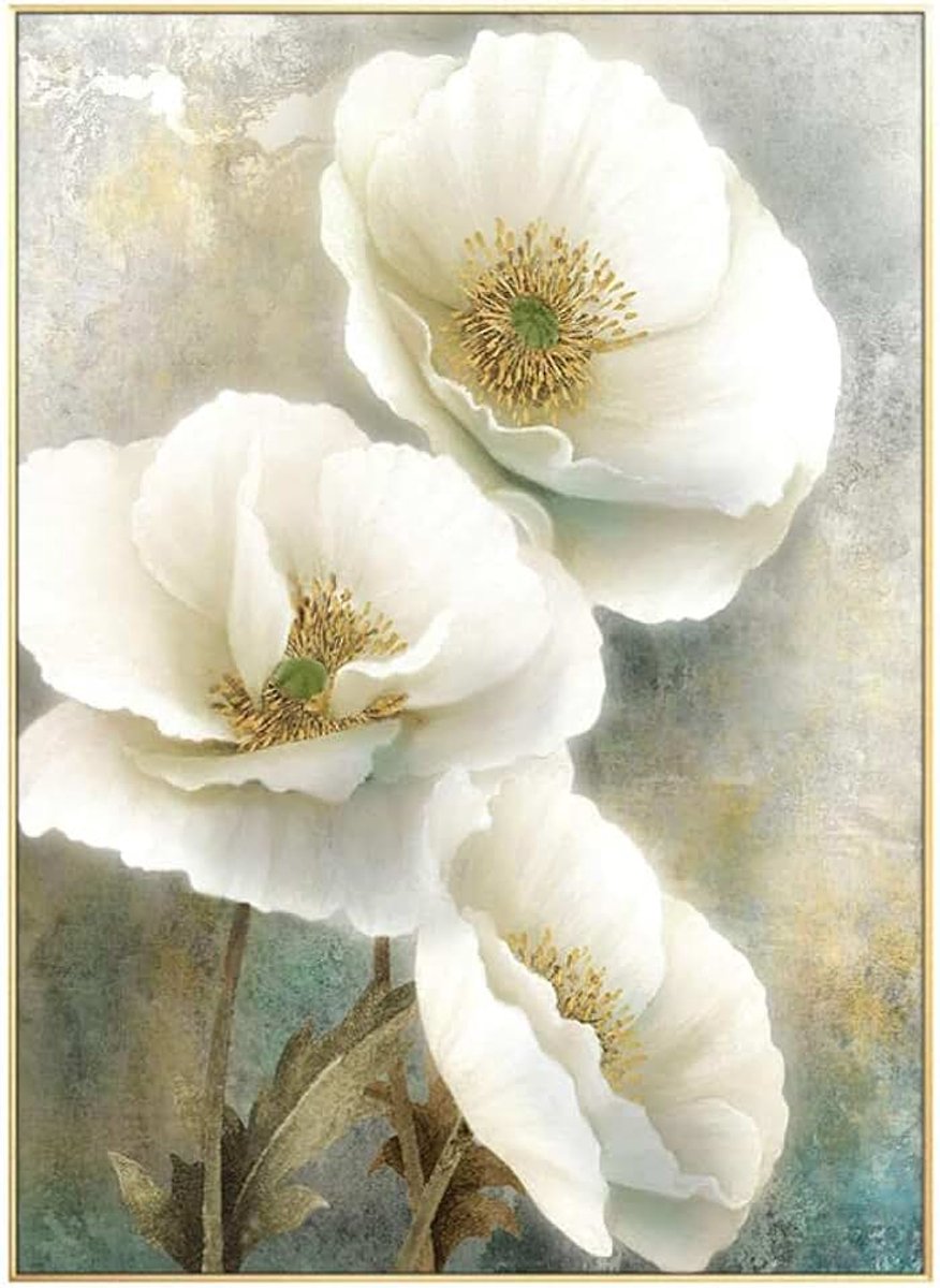 Muurkunst voor woonkamer, handgeschilderd wit camellia bloem olieverfschilderij op doek, handgemaakt 3D bloemenschilderij, groot formaat verticale muurschildering, modern abstracte wanddecoratie, 50 x