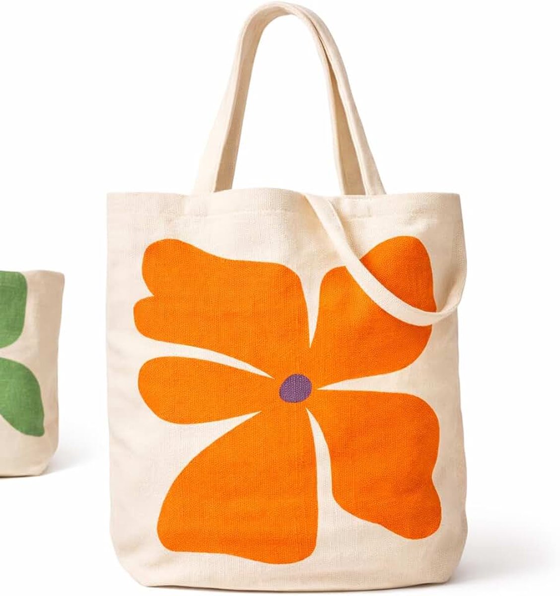 Draagtas met Oranje Bloemenprint, Gerecycleerd Canvas, Schoudertas, 30cm Bandlengte