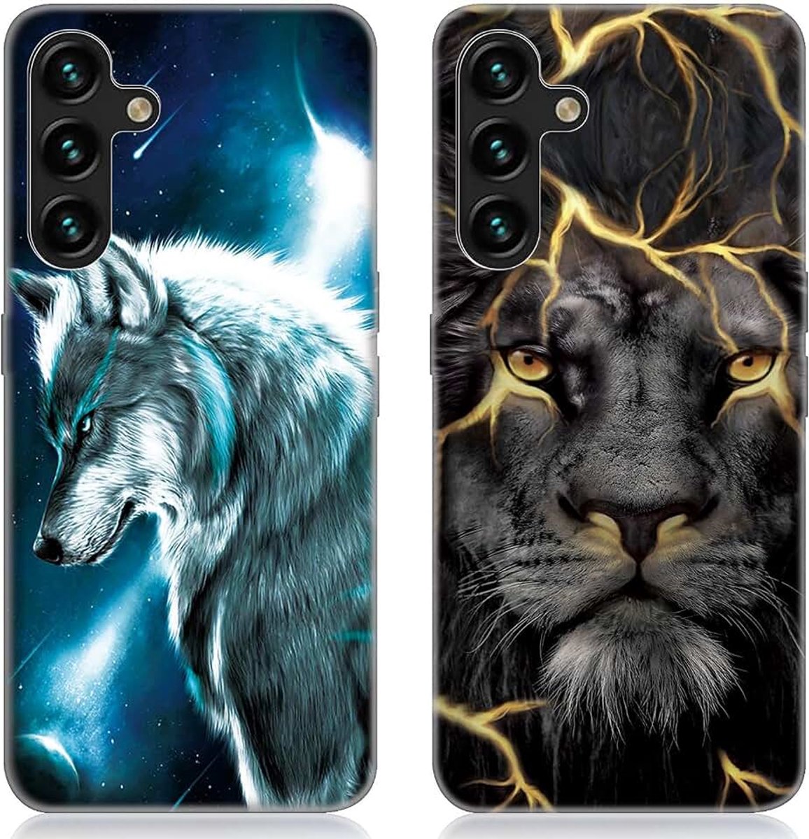 2 stuks siliconen hoesje voor Samsung Galaxy A35 5G, zacht TPU zwart hoesje met schattig dierenpatroon, anti-kras schokbestendige bumper, beschermend telefoonhoesje voor Galaxy A35 5G, wolf