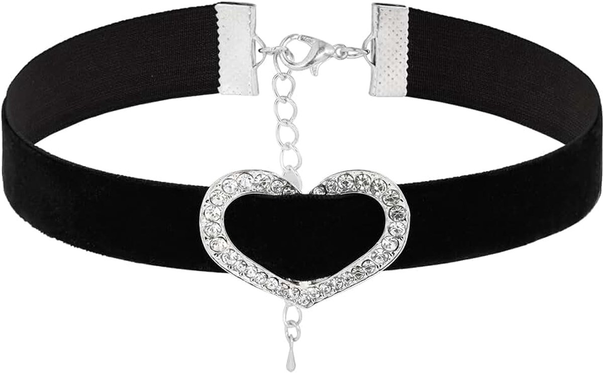 Retro punk, gothic, vintage, fluwelen ketting, 15 mm, breedte verstelbare kettingen voor vrouwen en meisjes, diamanten hartgesp, Fluweel, Geen edelsteen