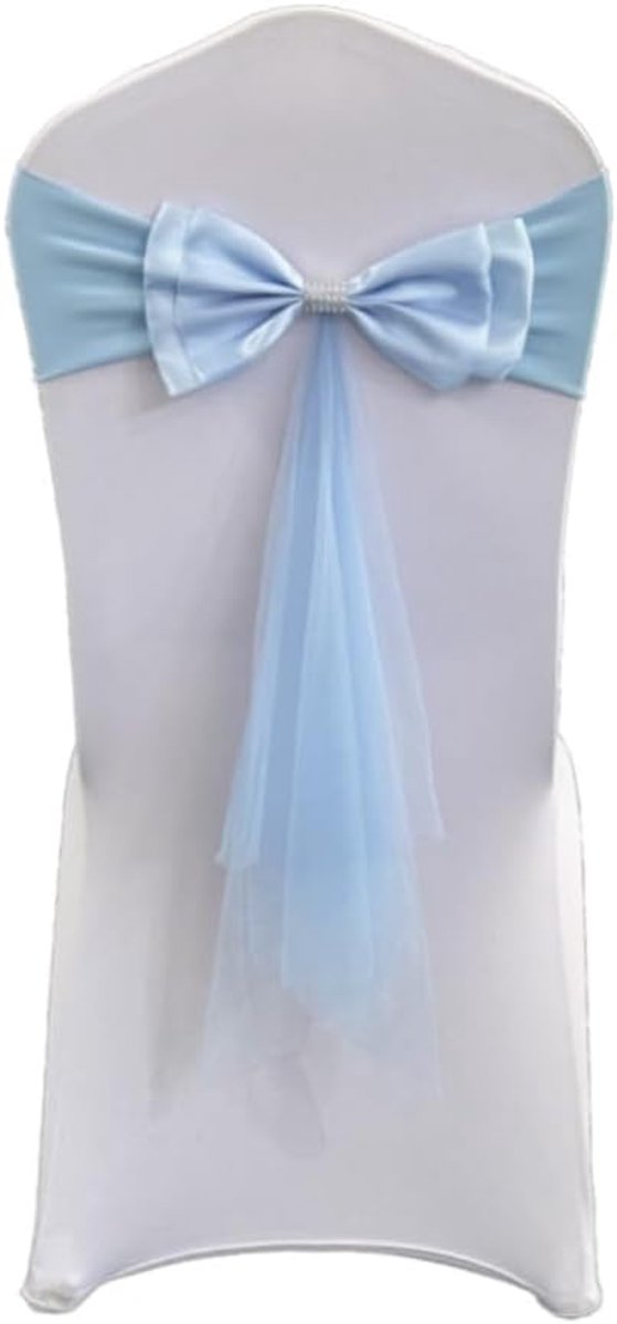 Stoelschaarpen satijn stoelstrik met tule organza stoel rug strik stoel boog satijnen strik stoelhoes voor bruiloft feest feest banket restaurant evenement lichtblauw 2 stuks