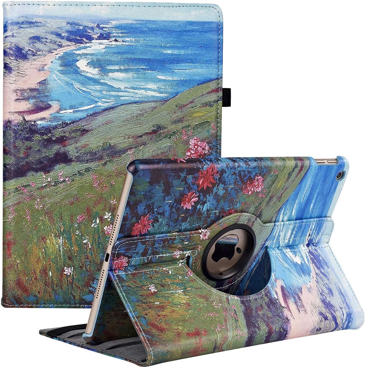 Beschermhoes voor iPad 9e/8e/7e generatie (10,2 inch) - 360 graden draaibare standaard met automatische slaapfunctie voor Apple iPad 10,2 inch 2021/2020/2019 (strand)