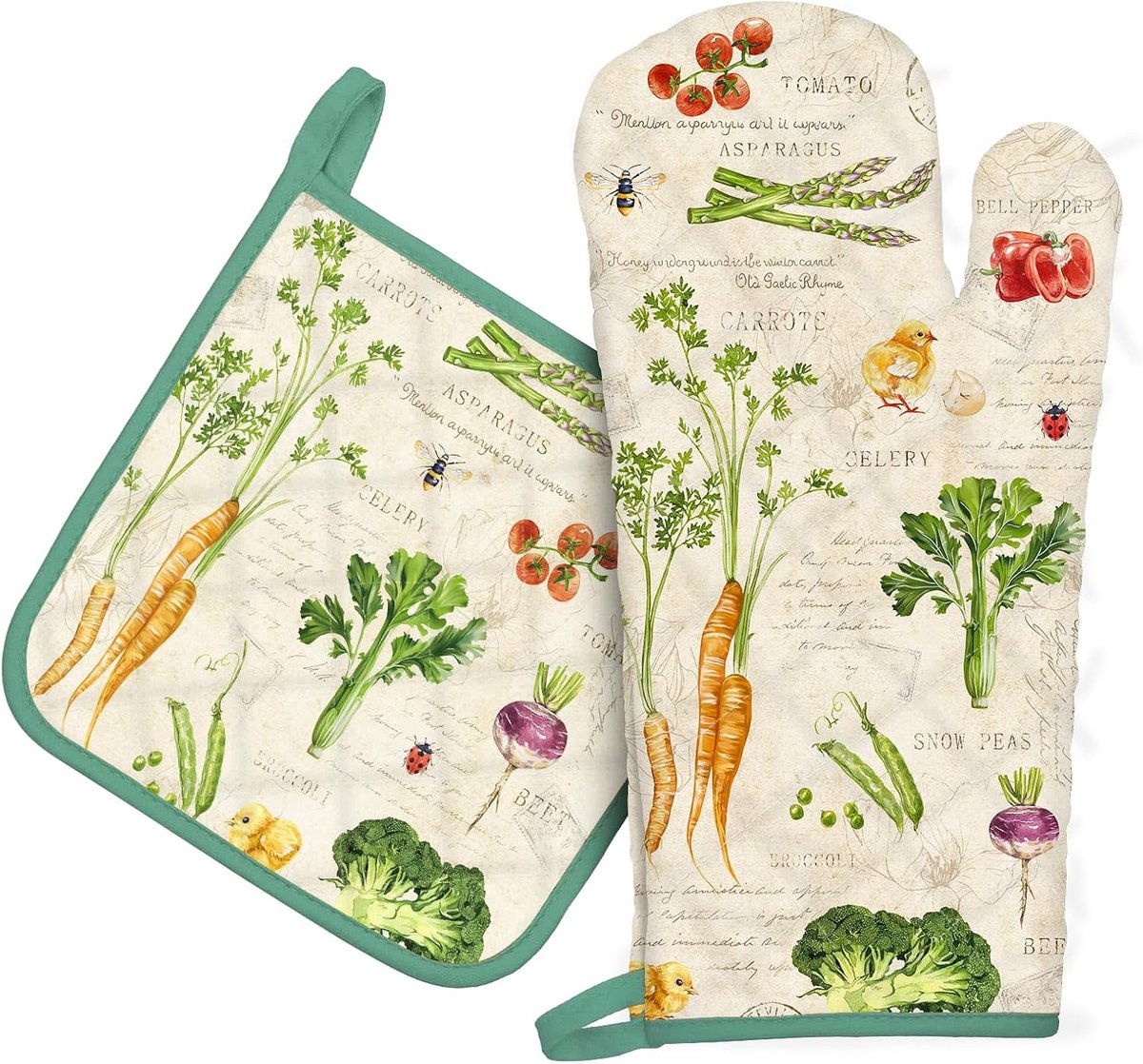 Ovenwant en pannenlappen, set van 2, 100% katoen, hittebestendige keukenhandschoen voor koken, bakken, grillen, cadeau, retro groenten en fruit