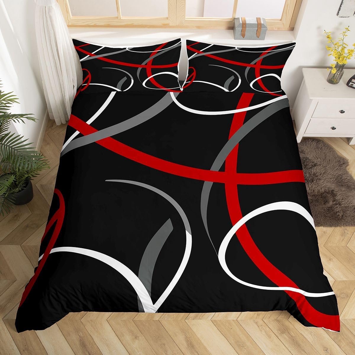 Roodgrijs en zwart dekbedovertrek geometrisch wervelend beddengoed set retro cirkel geometrie dekbedovertrek voor jongens meisjes abstracte kunst sprei hoes dekbedovertrek met 1 kussensloop
