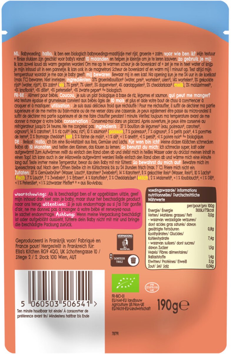 Ella's Kitchen - Biologisch Maaltijdzakje 10+m Risotto met zalm - 7 x 190 gr - Voordeelverpakking