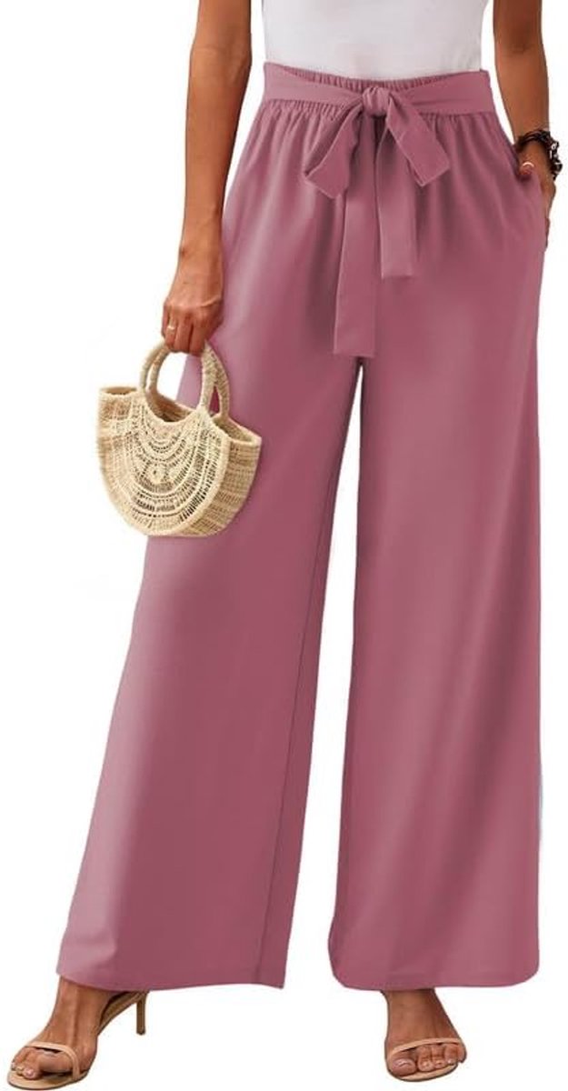 Zomerbroek voor dames, lichte linnen broek, mousseline, casual, hoge taille, palazzo broek, zomer, luchtige stoffen broek, vrijetijdsbroek met zakken, S-XXL, A rozenbruine, M
