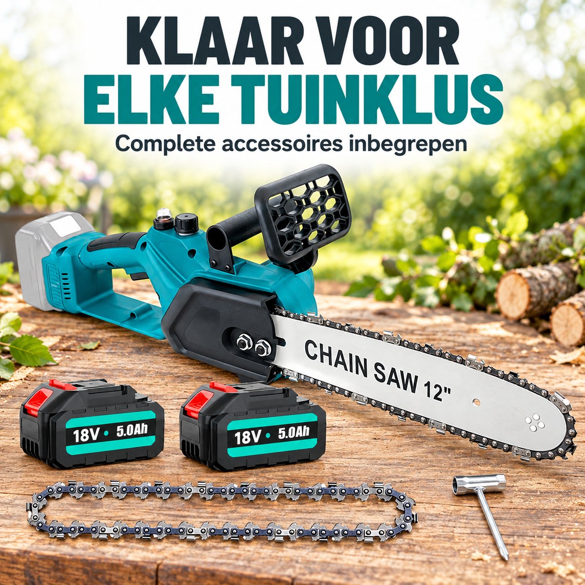 12 Inch Draadloze Accu Kettingzaag 18V 650W Max Vermogen, 2 Accu's en Complete Accessoires, Draadloze Houtzaag voor Tuin, Brandhout en Bamboe Snoeien