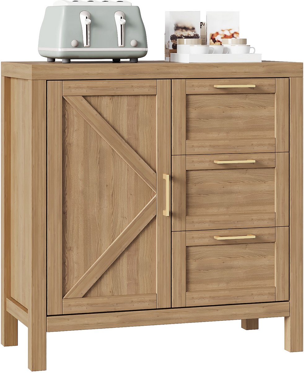 Triumpunpre Buffetkast Met 3 Lades En 1 Deur - Dressoir Met Verstelbaar Binnenblad - Gouden Handgrepen - Voor Eetkamer, Keuken En Entree - 76×40×90cm - Walnoot