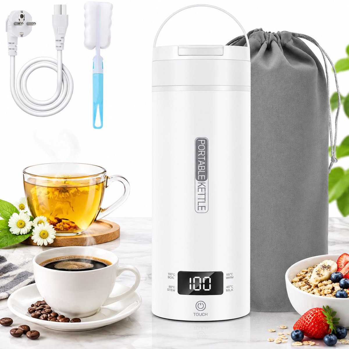 VHV - Waterkoker met temperatuurregeling - Elektrische reiswaterkoker Klein 500ML - Warmhoudfunctie - Display - RVS Wit - Thermosbeker travel mug - Met schone borstel, opbergtas - Snel kokend water