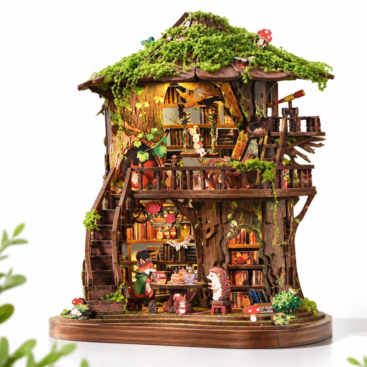 VHV - DIY Mini Huis Boomhut Boekentuin - 3D puzzel - 18x21x15cm - LED Touchlamp - Modelbouwpakket - Bouwpakket - Knutselen -Book Nook - Woondecoratie - Boekenkast Decoratie - Cadeau voor Volwassenen 14+ - Batterij niet inbegrepen