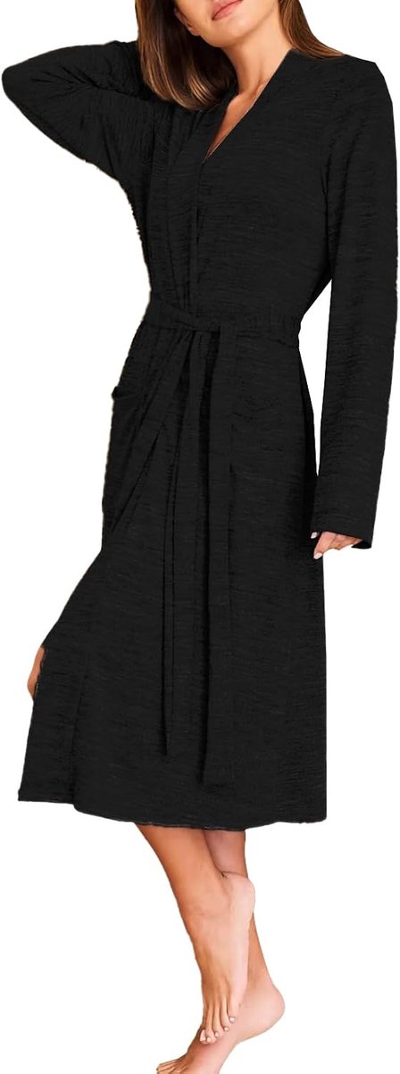 Kimono-badjas voor dames, katoen, zacht en comfortabel, V-hals, elegante nachtkleding met riem en zakken, om thuis te ontspannen