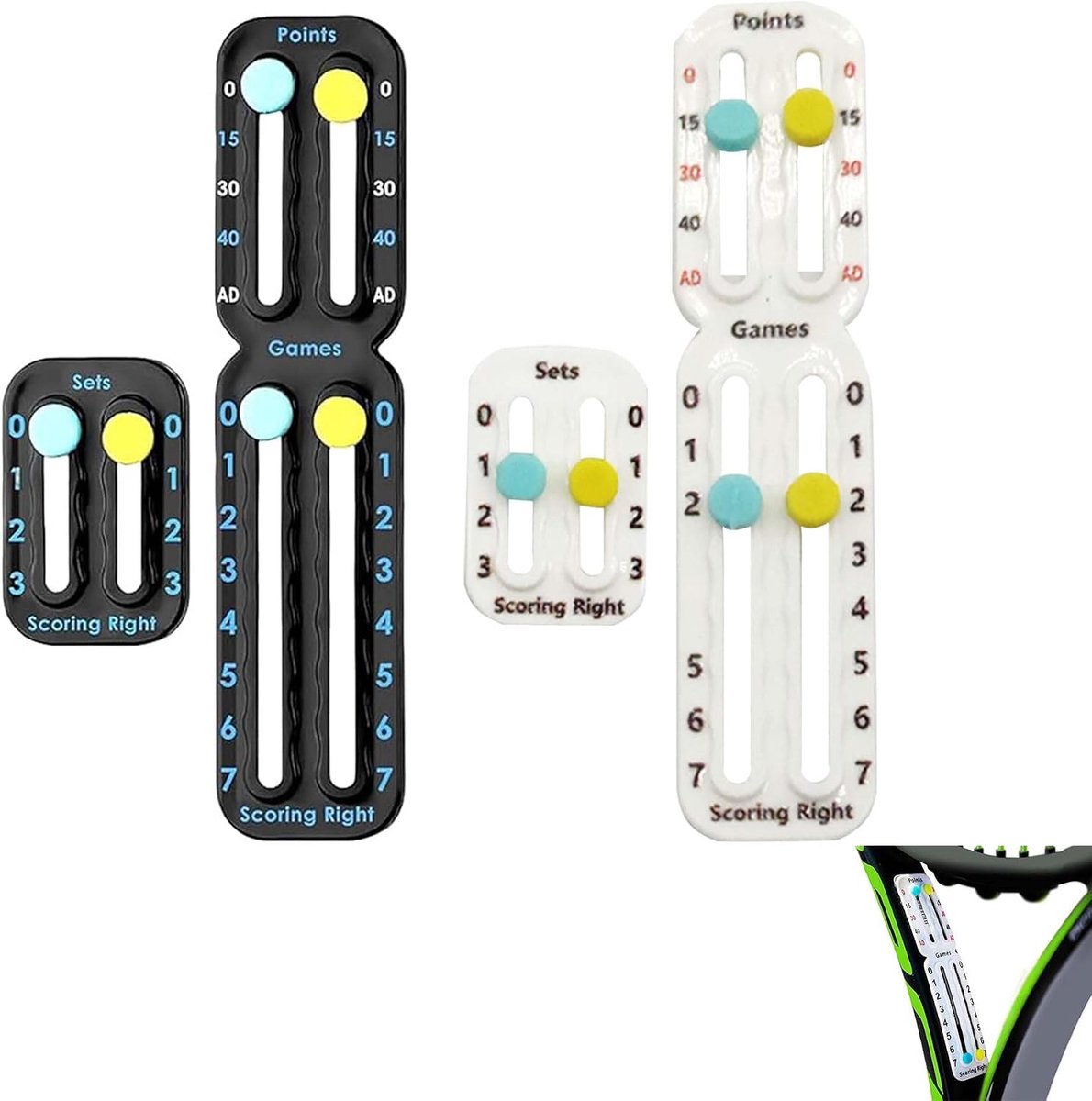 2 sets tennisracketmarkeringen, draagbaar, tennisrecord met plakstrips, tennisscoreteller voor het noteren van punten, games en sets