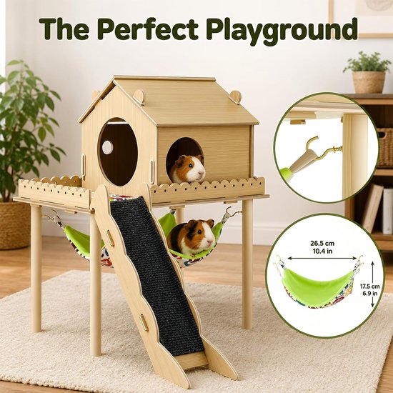 3-in-1 cavia-huis van hout, hamsterhuis met platform en trap, schuilplaats met hellingen, cavia-accessoires, konijnenhuis voor kleine dieren, schuilplaats voor knaagdieren — afbeelding 4