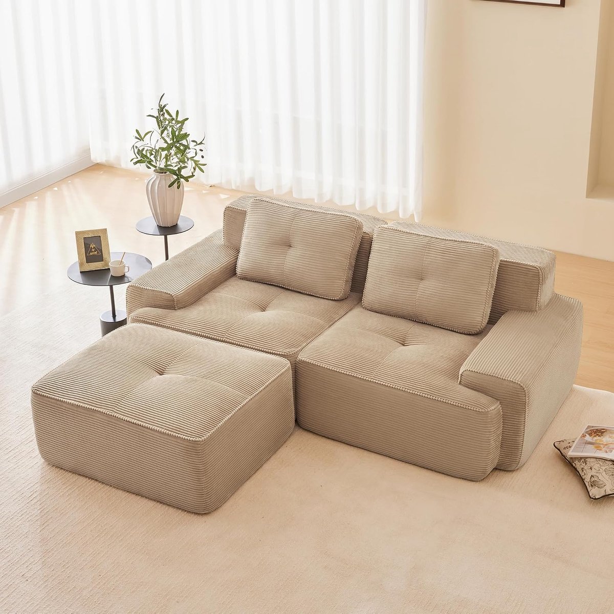 Sofa Kleine frameloze modulaire bank, vrij te combineren, premium pluche Loveseat bank zonder montage, moderne bank voor woonkamer en slaapkamer, beige, 2-zits + 1 (beige, 2S + 1)