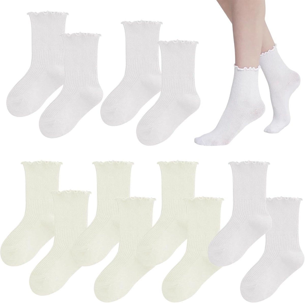 Sokken met ruches 6 paar – meisjes enkelsokken maat 36-42 – wit en crème – zachte polyester sokken – schoolstijl en casual outfits