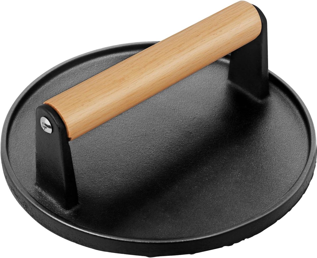 Press, Heavy Duty gietijzeren hamburger Smasher, 6,7 inch ronde grillpers met koel houten handvat, professioneel bakgereedschap voor spek, steaks en panini's, 2 pond