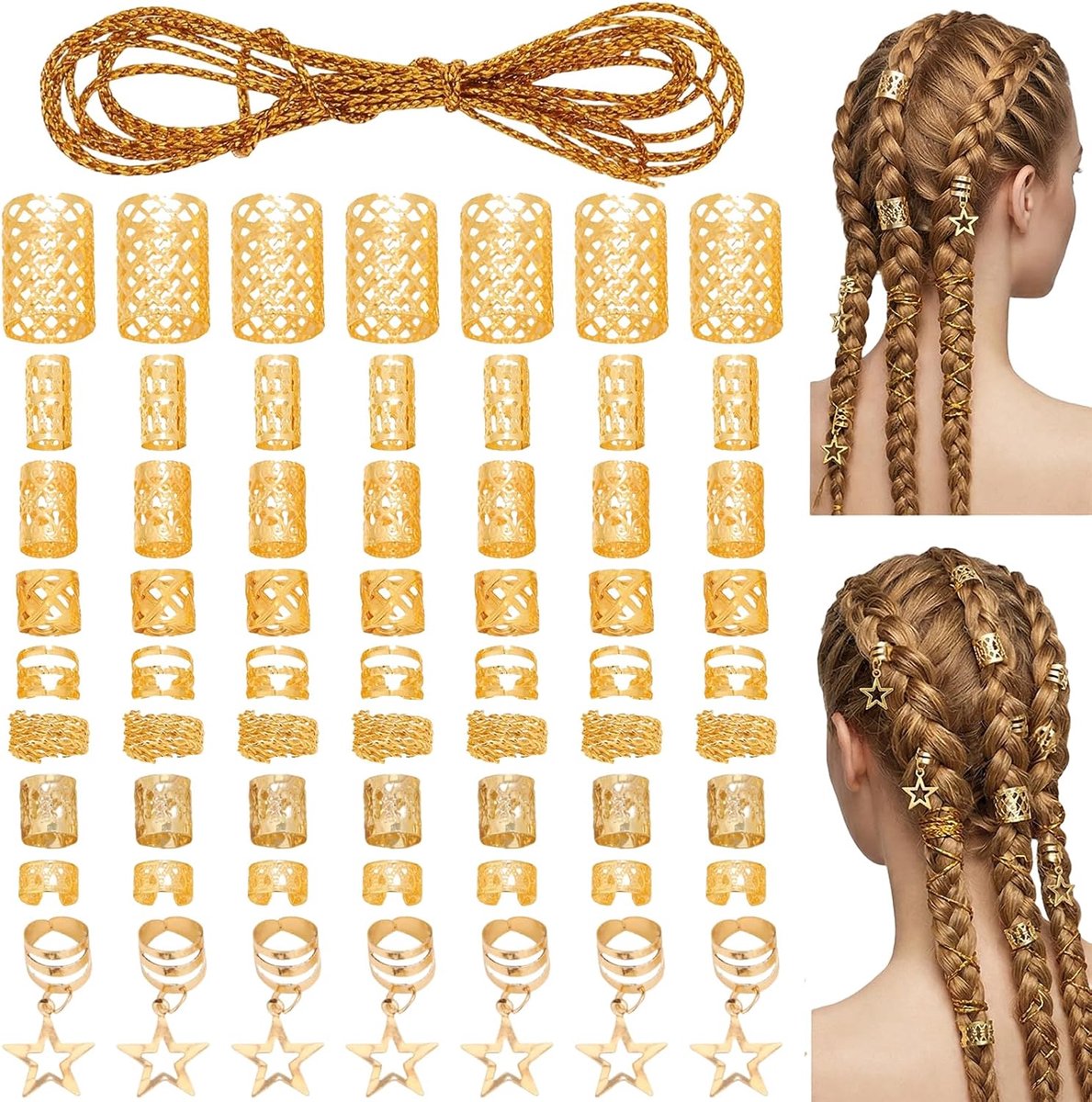 Sieraden, 126 stuks, haaraccessoires voor vlechten, verstelbare metalen manchetten, haaraccessoires, spiraalclips voor dreadlocks voor mannen, vlechten, goud