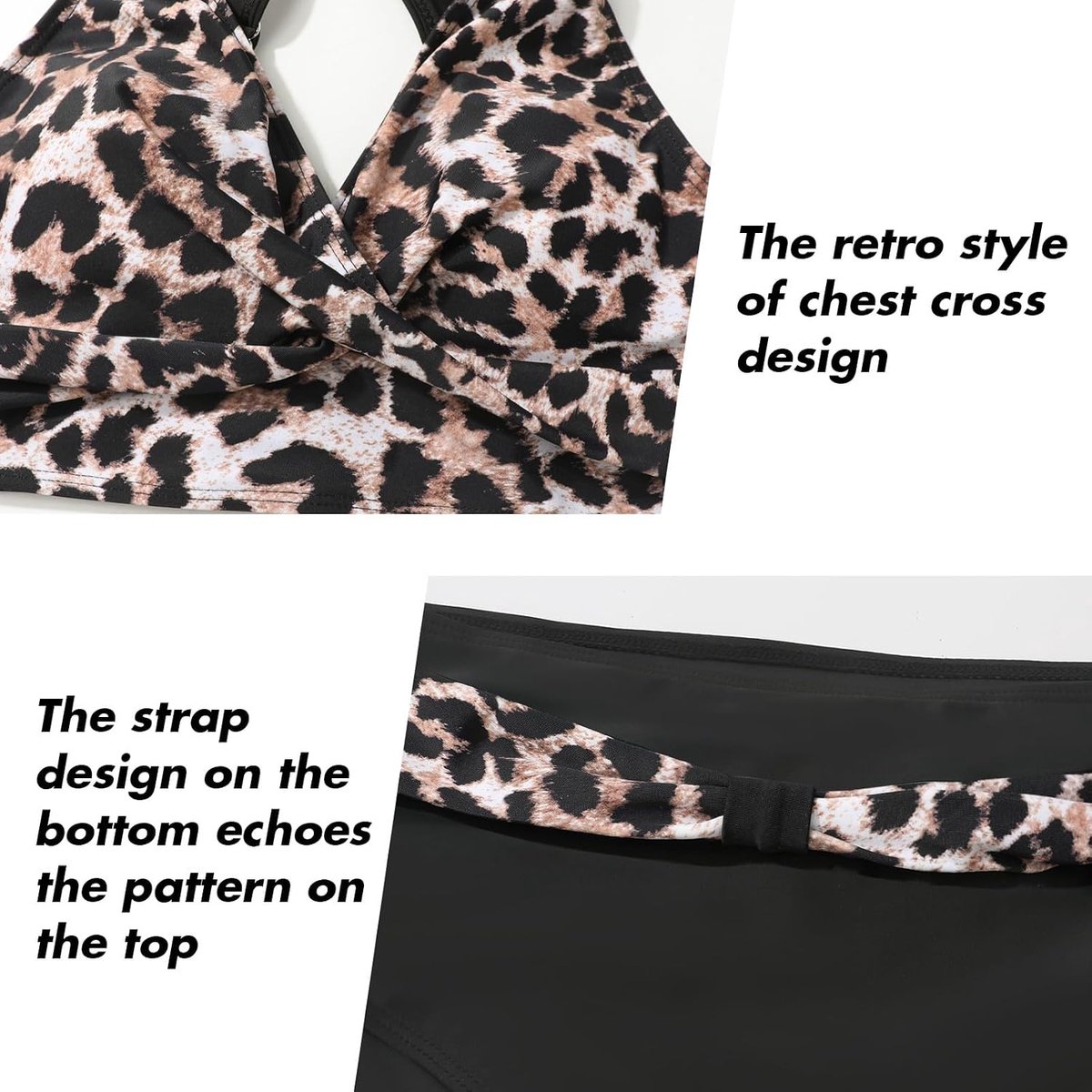 Tweedelige damesbadpakken, bikini met gekruiste top, hoog getailleerde bodem, badpakken voor buikversteviging, badmode met vintage motief