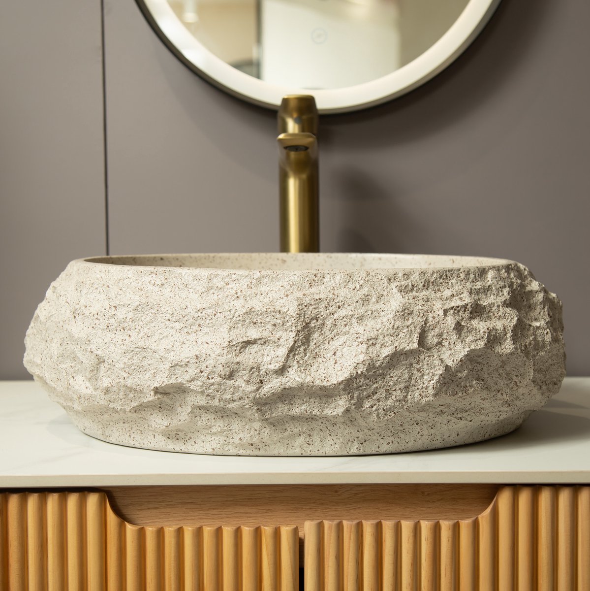 DESMIU Waskom – Asymmetrische Steenlook – 50 Cm – Hars – Beige – Opbouwmontage Voor Badkamer – Zonder Kraan en Overloop