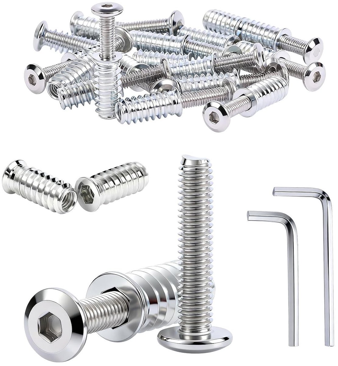 12 sets schroefmoeren M6x25mm en M6x30mm roestvrijstalen schroeven met draadbussen voor houten meubels, inclusief 2 moersleutels voor eenvoudige montage