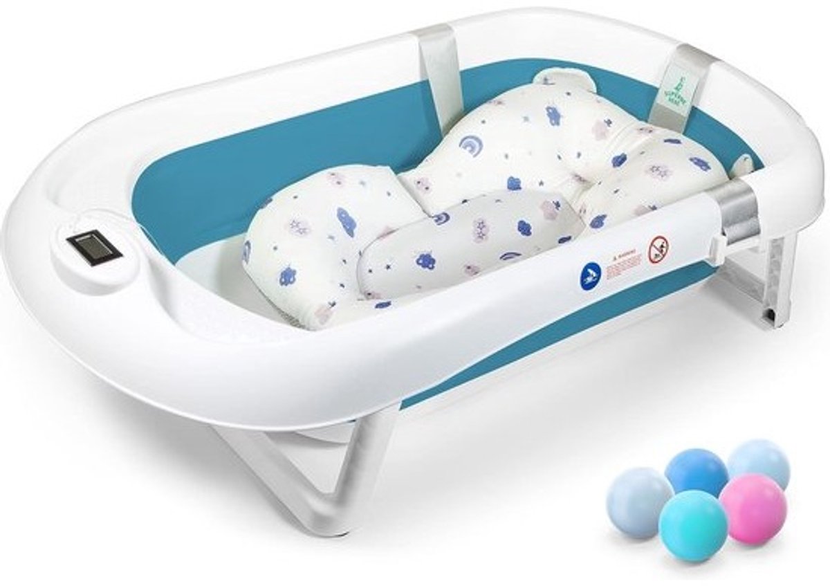 Opvouwbare babybadkuip met antislip badkussen/badkuip XXL met thermometer voor de controle van de watertemperatuur, 3-traps badkuip - vanaf de geboorte tot 2 jaar, 5 plastic ballen gratis, blauw
