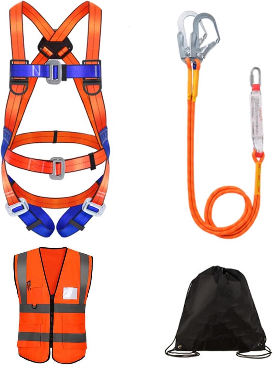 Set voor Valbescherming: 5-Punts Auffanggeschirr zur Absturzsicherung, 2 Haken, 2m Veiligheidslijn, met Auffanggerät + Bonus: Reflecterend Vest & Rugzak