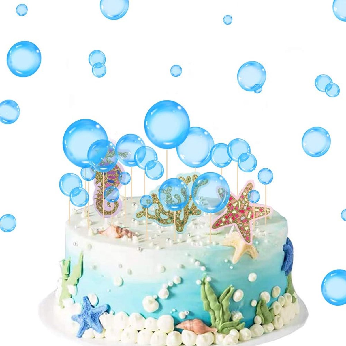 27Pcs Blauwe Bubble Cupcake Toppers Onderwater Party Decor Kinderfeest Benodigdheden Bubble Cake Decoraties Voor Onder De Zee Baby Douche Zeemeermin Verjaardag