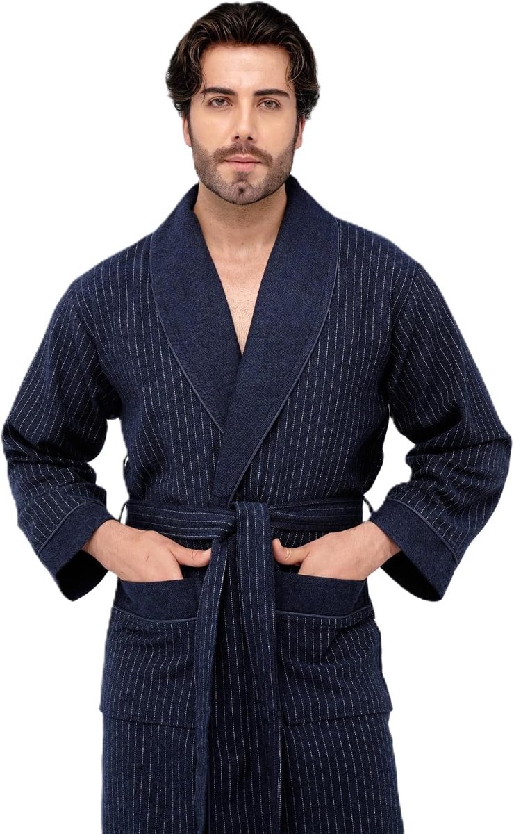Heren Ochtendjas, Navy Blauw met Pinstripe Patroon, 50% Katoen 50% Bamboe, Zacht en Ademend, Shawl Kraag met Riem en Zakken, Maten XL tot 4XL